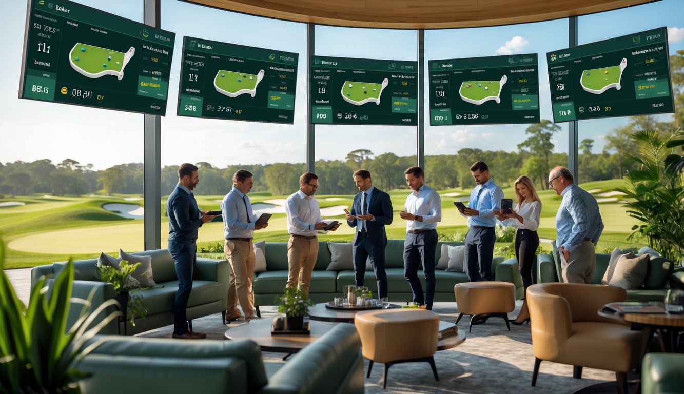 Sekelompok orang sedang melihat data taruhan golf di layar digital di sebuah ruangan modern dengan pemandangan lapangan golf.