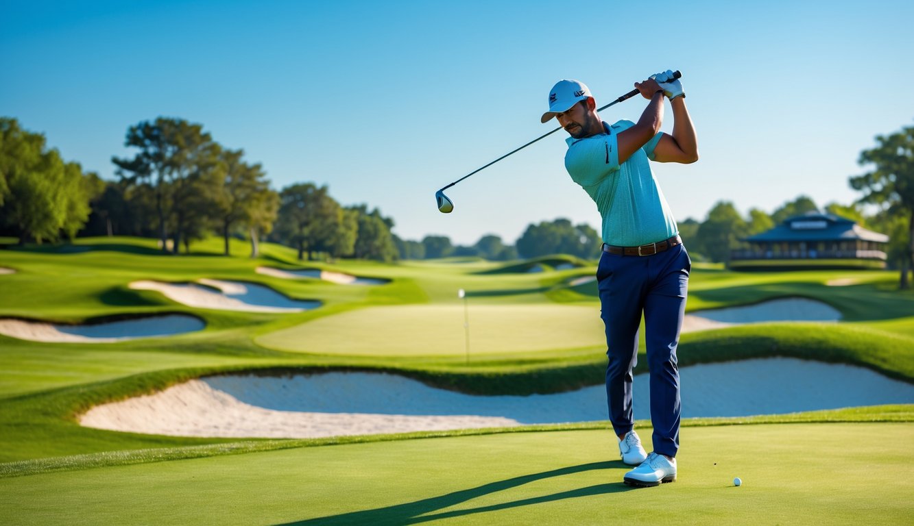 Seorang pemain golf sedang mengayunkan tongkat golf di lapangan golf yang hijau dan terawat dengan latar belakang clubhouse.