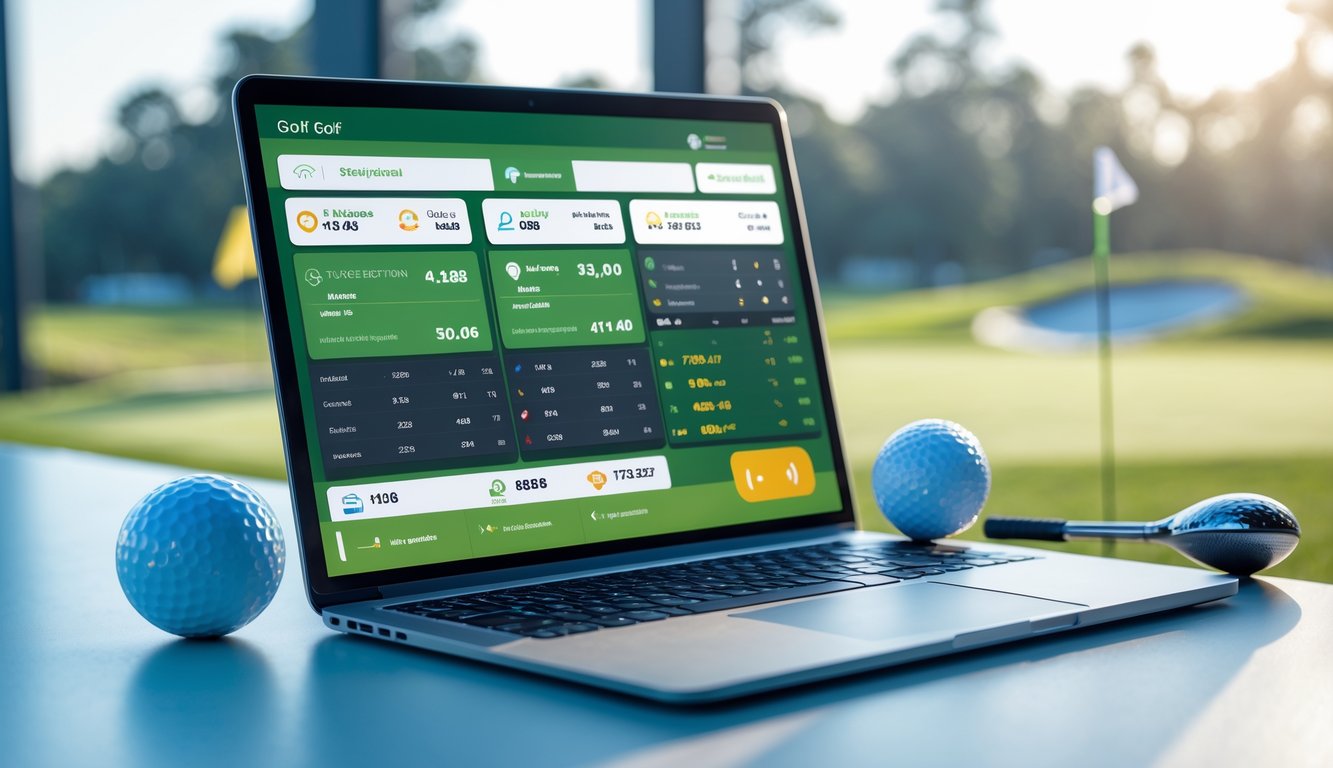 Seorang pria menggunakan laptop dan smartphone dengan latar belakang lapangan golf, menampilkan suasana taruhan golf online yang terpercaya dan modern.