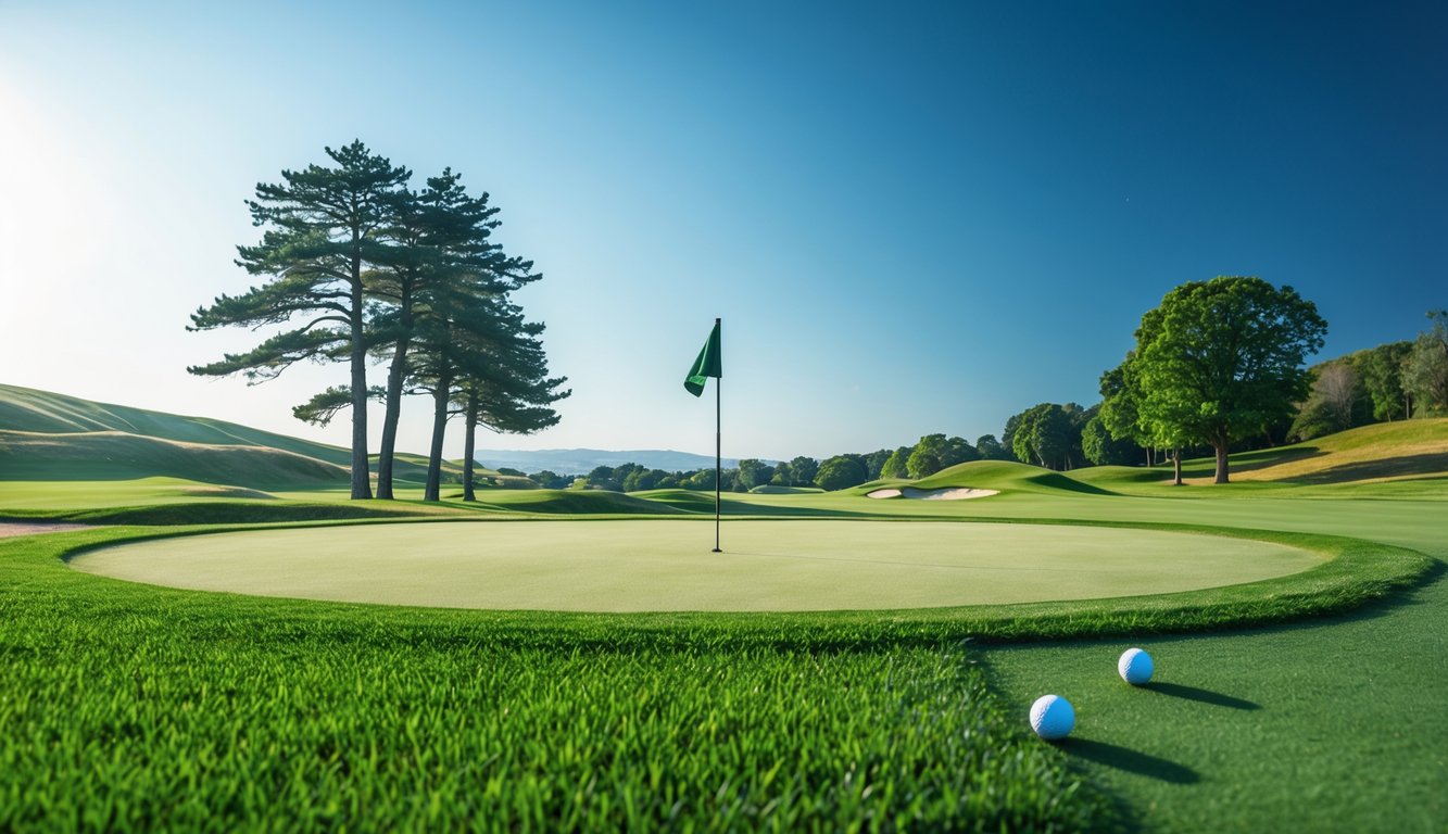 Pemandangan lapangan golf yang hijau dengan bendera lubang dan bola golf di dekat area putting, dikelilingi oleh pepohonan dan bukit kecil.