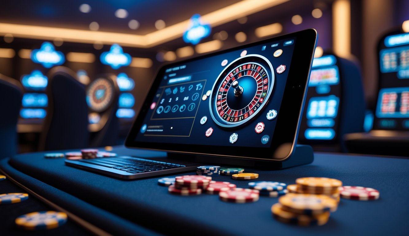 Sebuah setup permainan roulette online modern dengan roda roulette digital di layar komputer, dikelilingi suasana kasino yang elegan dan terang.