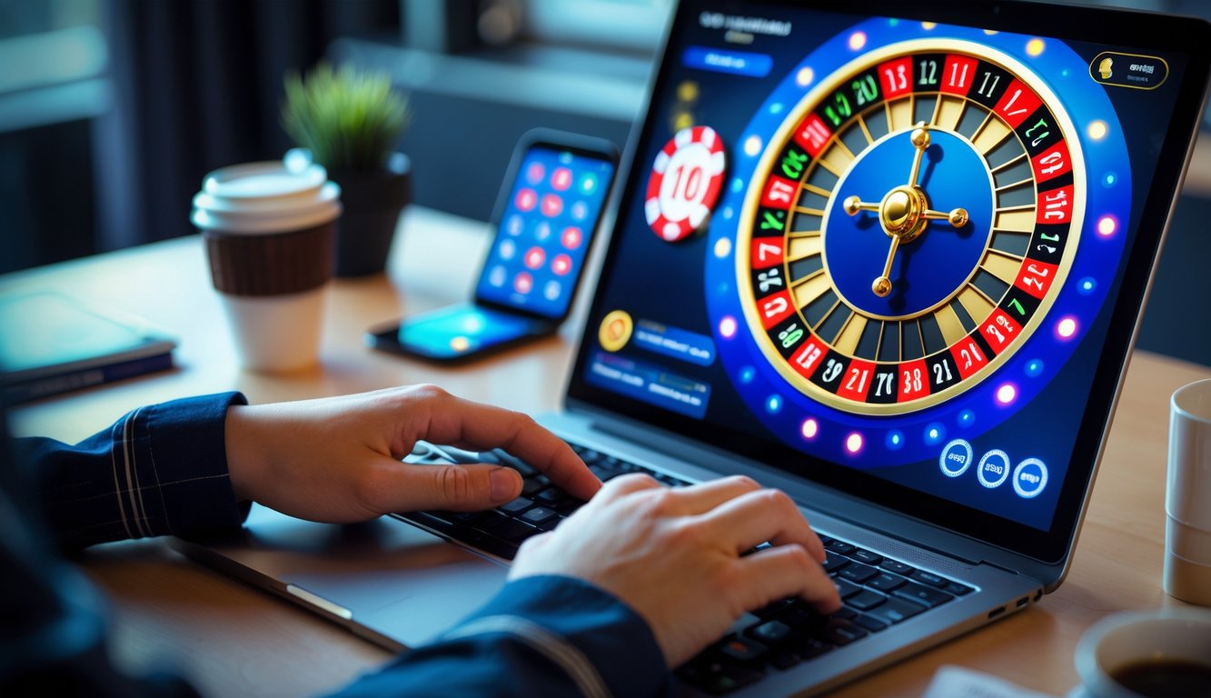 Seorang pengguna bermain roulette online di komputer dengan tampilan roda roulette digital dan chip taruhan di meja yang rapi.