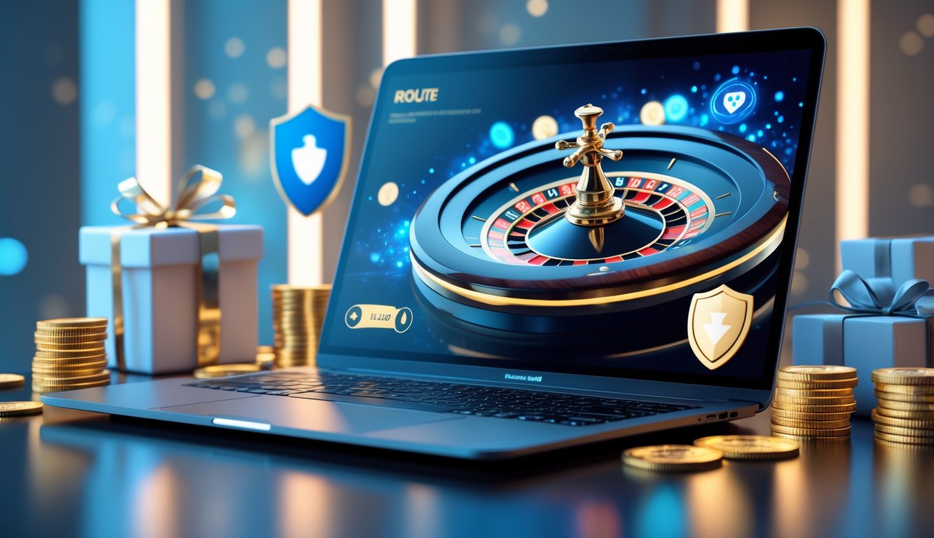 Sebuah komputer menampilkan permainan roulette online dengan roda roulette berwarna cerah dan elemen simbol keamanan serta hadiah di sekitarnya.