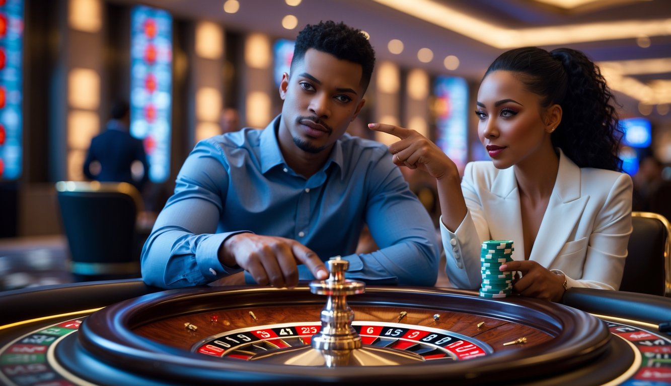 Seorang pria dan wanita duduk di meja roulette di kasino, fokus pada permainan dengan roda roulette yang berputar di depan mereka.