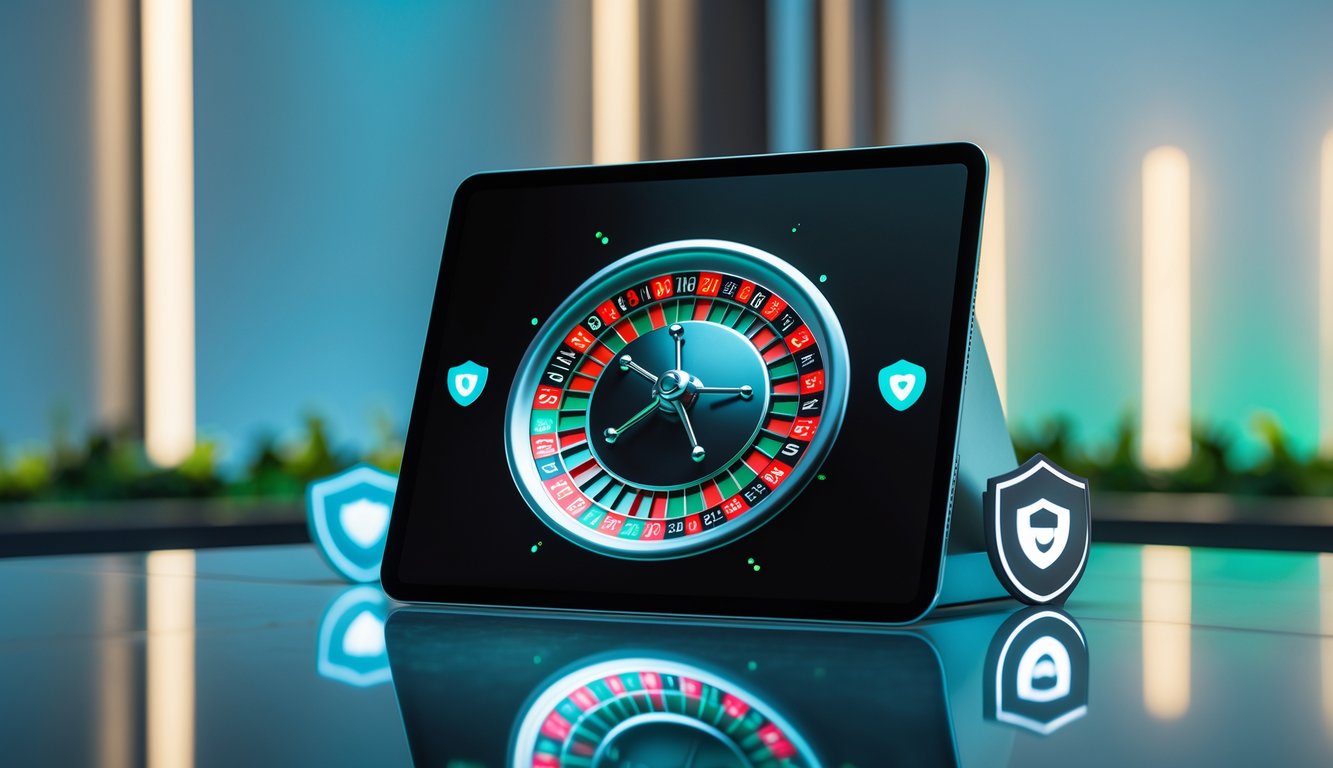 Sebuah meja dengan layar komputer menampilkan roda roulette digital dalam suasana yang aman dan profesional.