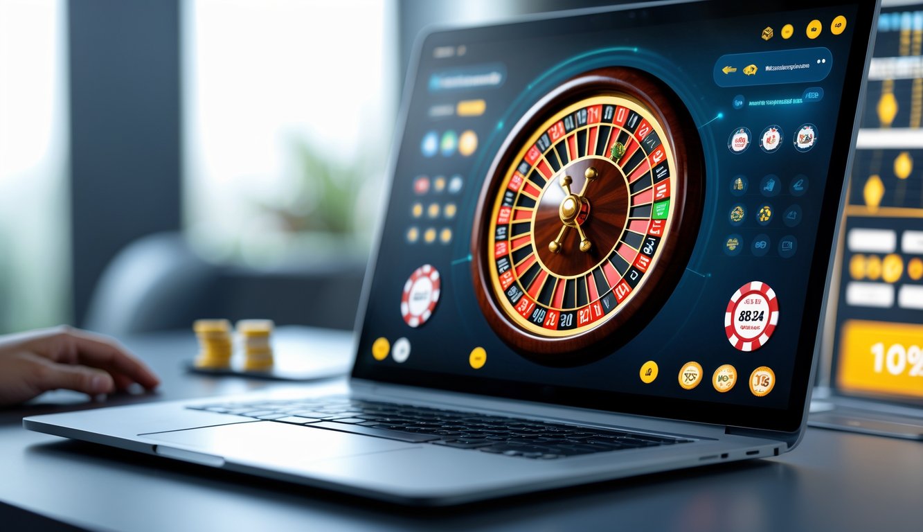 Sebuah komputer dengan tampilan roda roulette digital dan grafik di sekitarnya yang menunjukkan suasana permainan judi roulette online yang terpercaya.