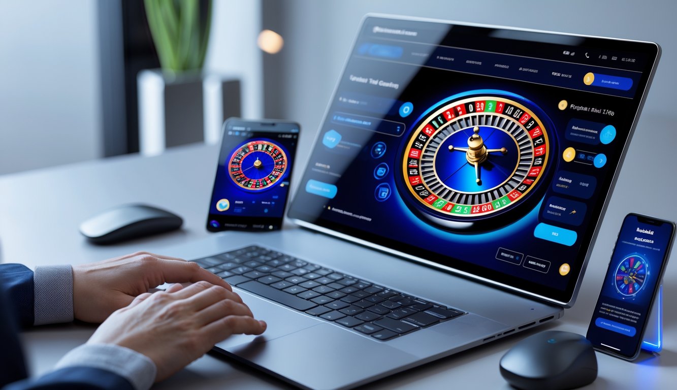 Orang menggunakan komputer dan ponsel untuk bermain roulette online dengan tampilan roda roulette dan antarmuka taruhan yang jelas.