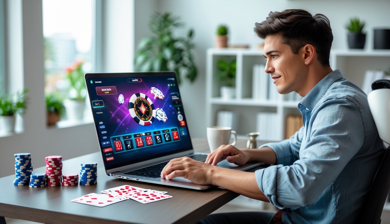Seorang dewasa muda duduk di meja kerja dengan laptop yang menampilkan permainan poker online, di meja terdapat chip poker dan kartu remi.