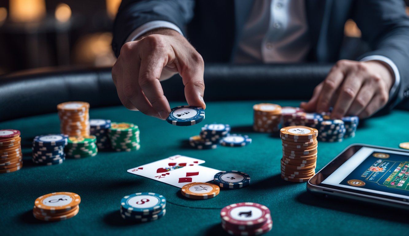 Meja poker dengan tumpukan chip, kartu bermain, dan tangan pemain yang sedang memasang chip dalam suasana lounge yang mewah.