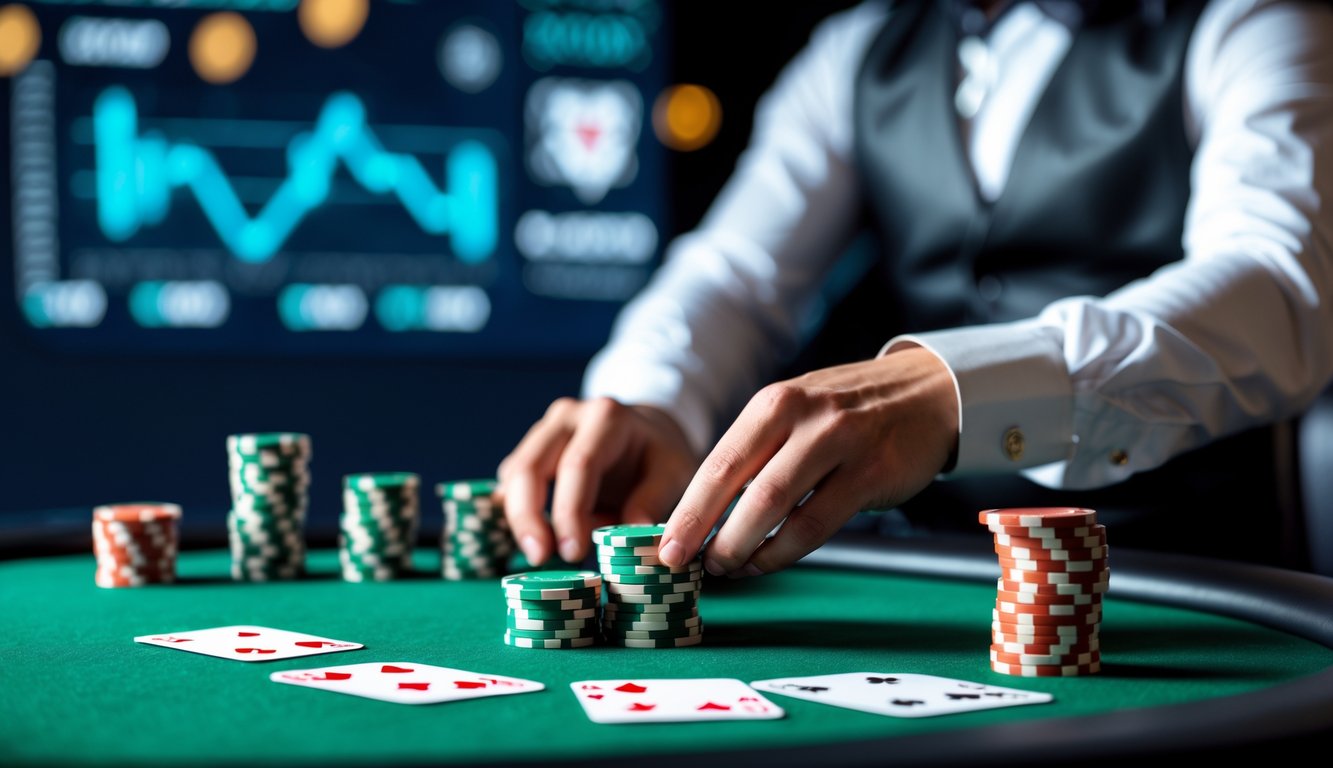 Meja poker dengan tumpukan chip dan kartu yang sedang dibagikan oleh dealer di lingkungan permainan yang modern dan terang.