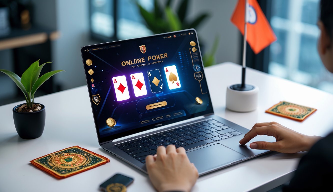 Seseorang menggunakan komputer dengan tampilan permainan poker online yang jelas, di meja kerja yang rapi dengan elemen yang menunjukkan keamanan dan budaya Indonesia.