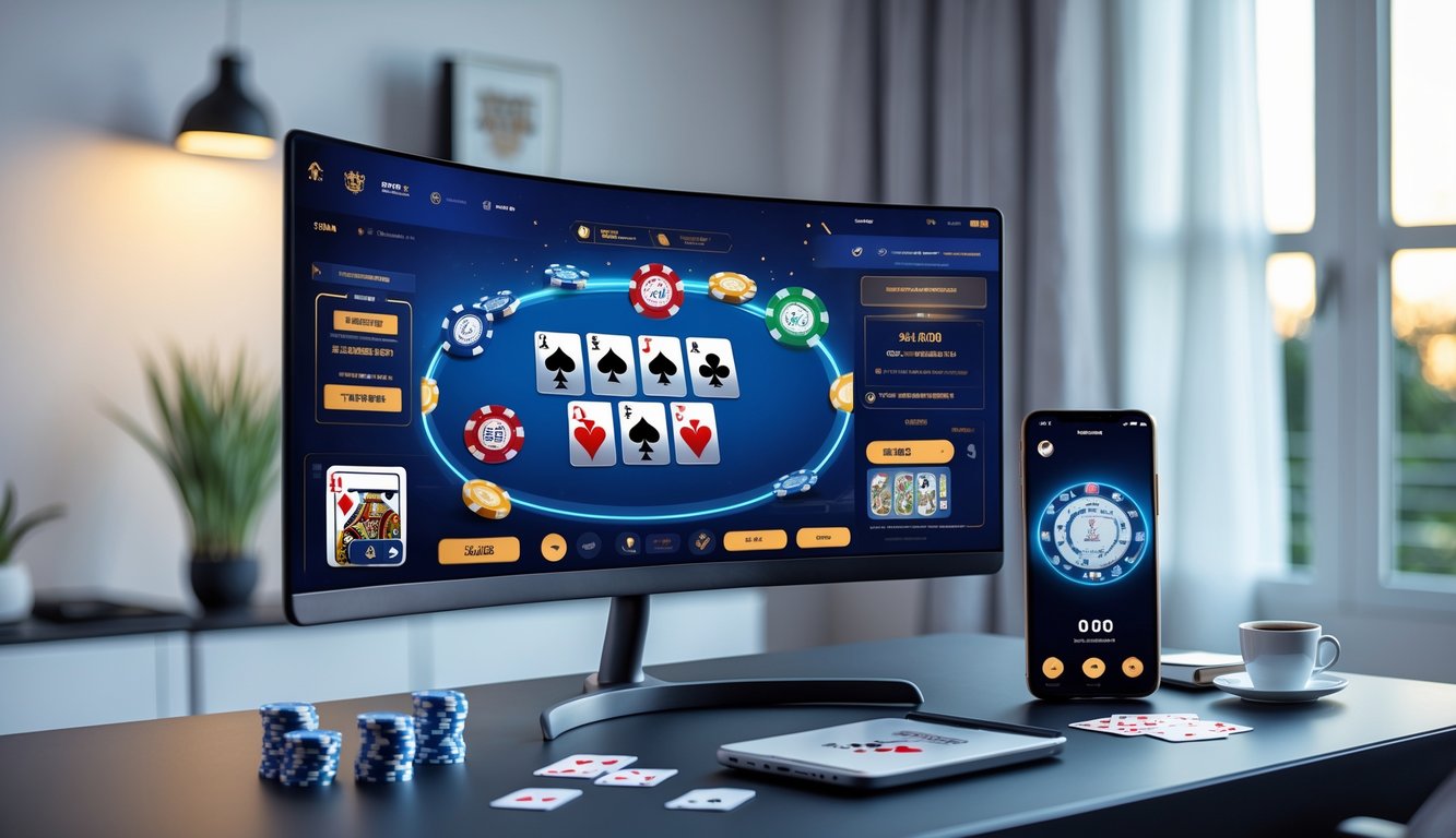 Meja kerja modern dengan monitor menampilkan permainan poker online dan ponsel yang menunjukkan aplikasi poker dengan chip dan kartu di sekitar meja.