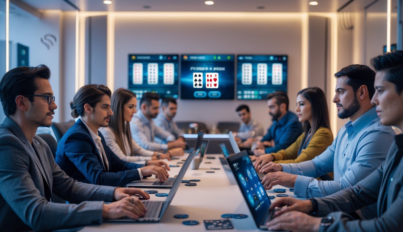 Sekelompok orang bermain poker online dengan perangkat digital di ruangan modern yang nyaman.
