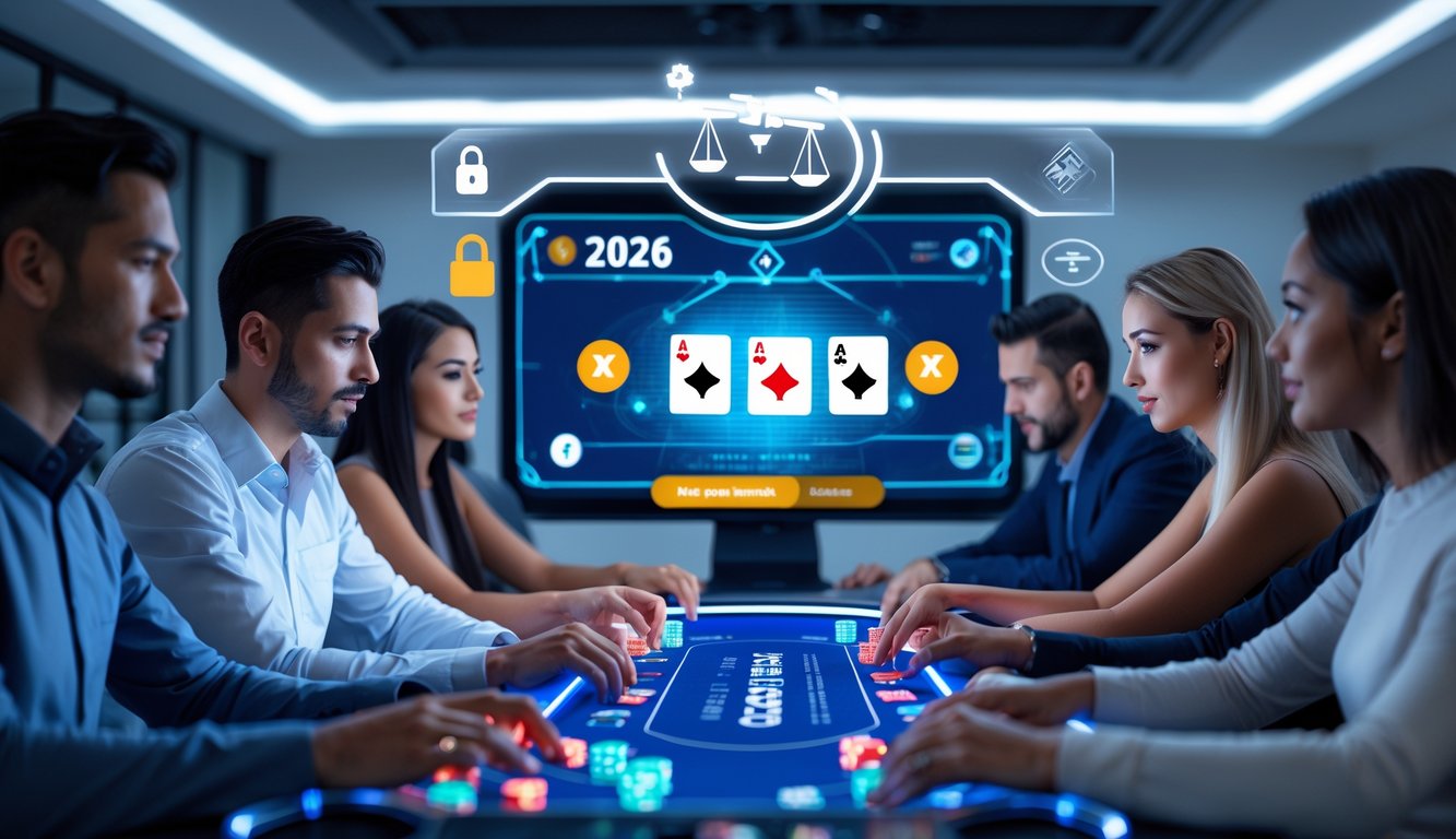 Sejumlah pemain poker online sedang bermain dengan serius di depan layar komputer di ruangan modern yang terang dan bersih.