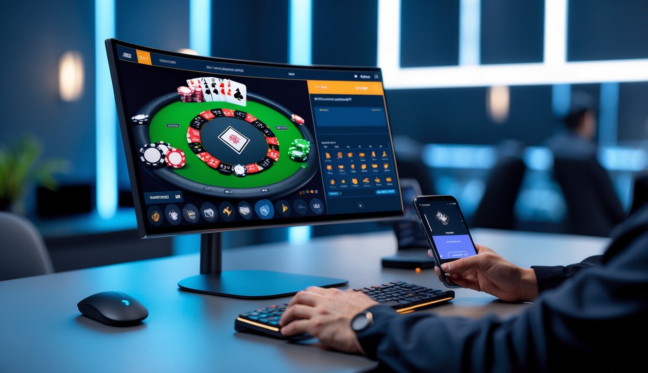 Seorang pemain duduk di depan komputer dengan permainan poker online yang sedang berjalan, suasana modern dan nyaman.
