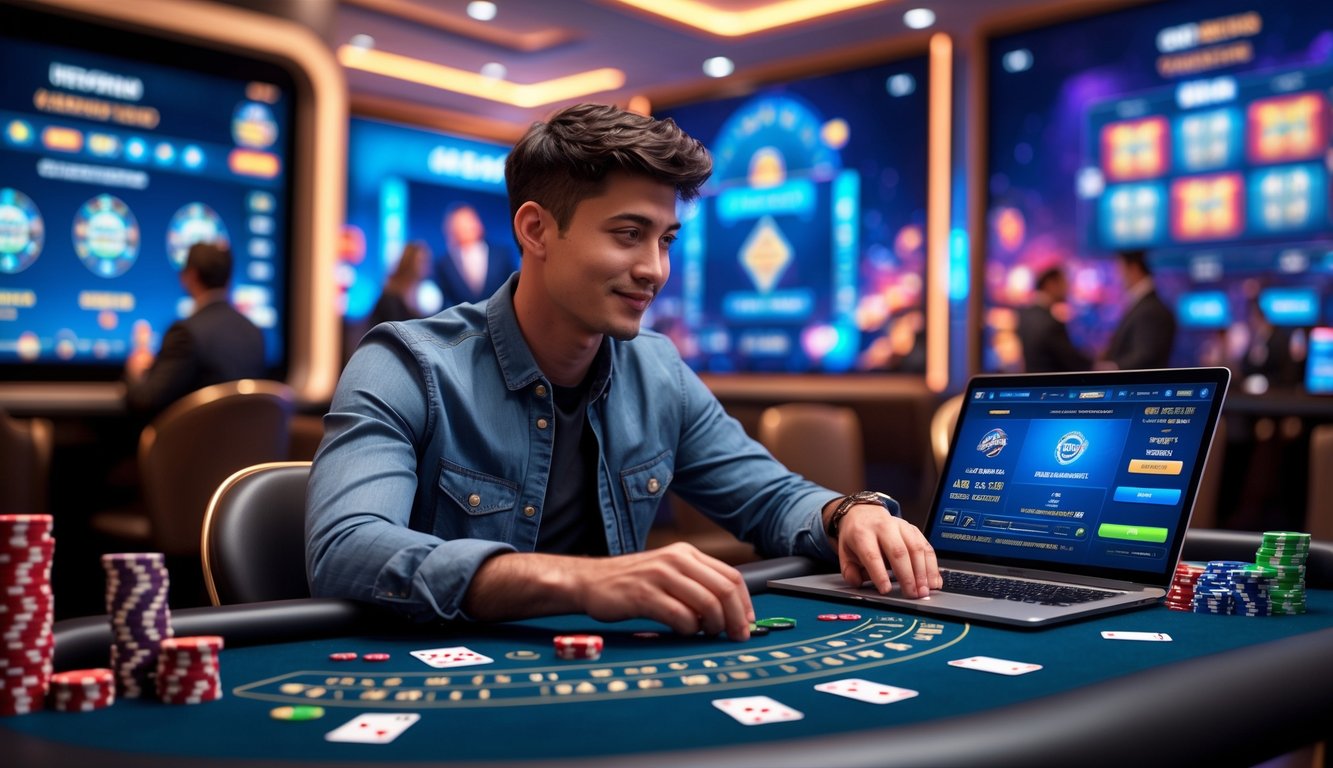 Seorang pemuda duduk di meja kasino modern dengan layar besar menampilkan dealer langsung, dikelilingi oleh chip dan kartu, sedang bermain judi online.