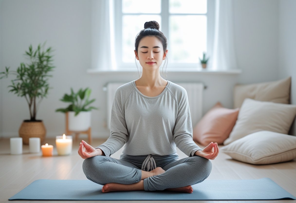 Eine junge Frau sitzt ruhig im Schneidersitz auf einer Matte in einem hellen Raum und meditiert.