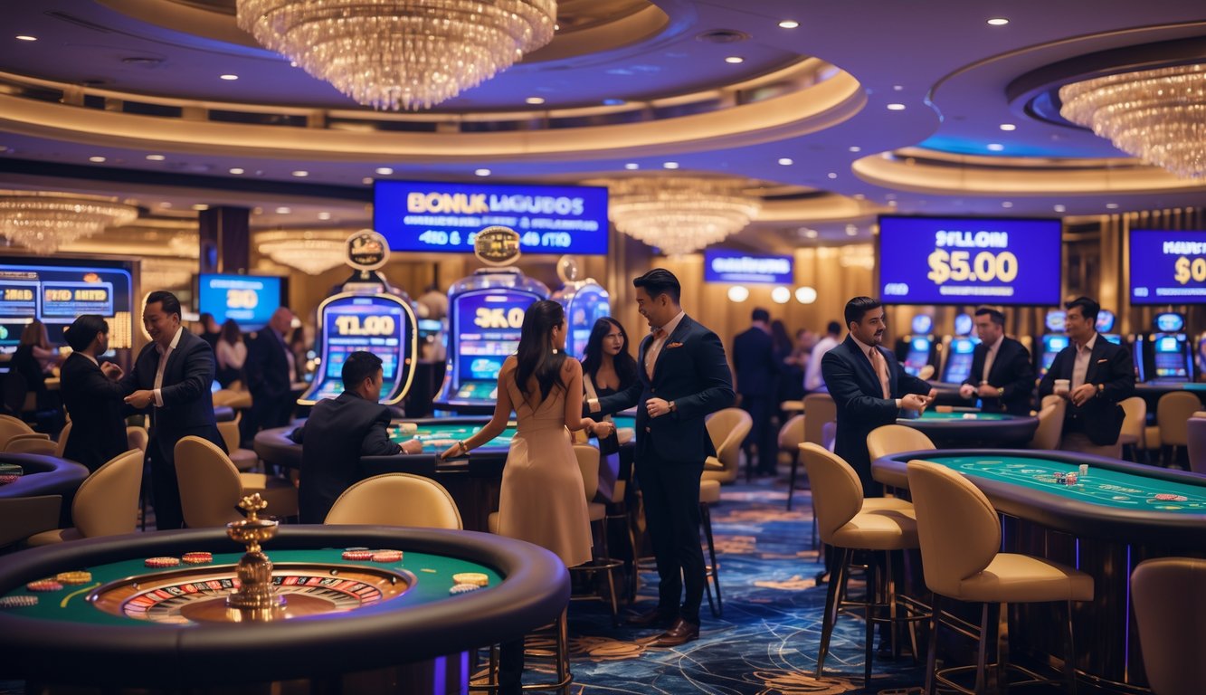 Suasana kasino langsung yang ramai dengan pemain yang sedang bermain di meja permainan, menampilkan lingkungan mewah dan ramah.