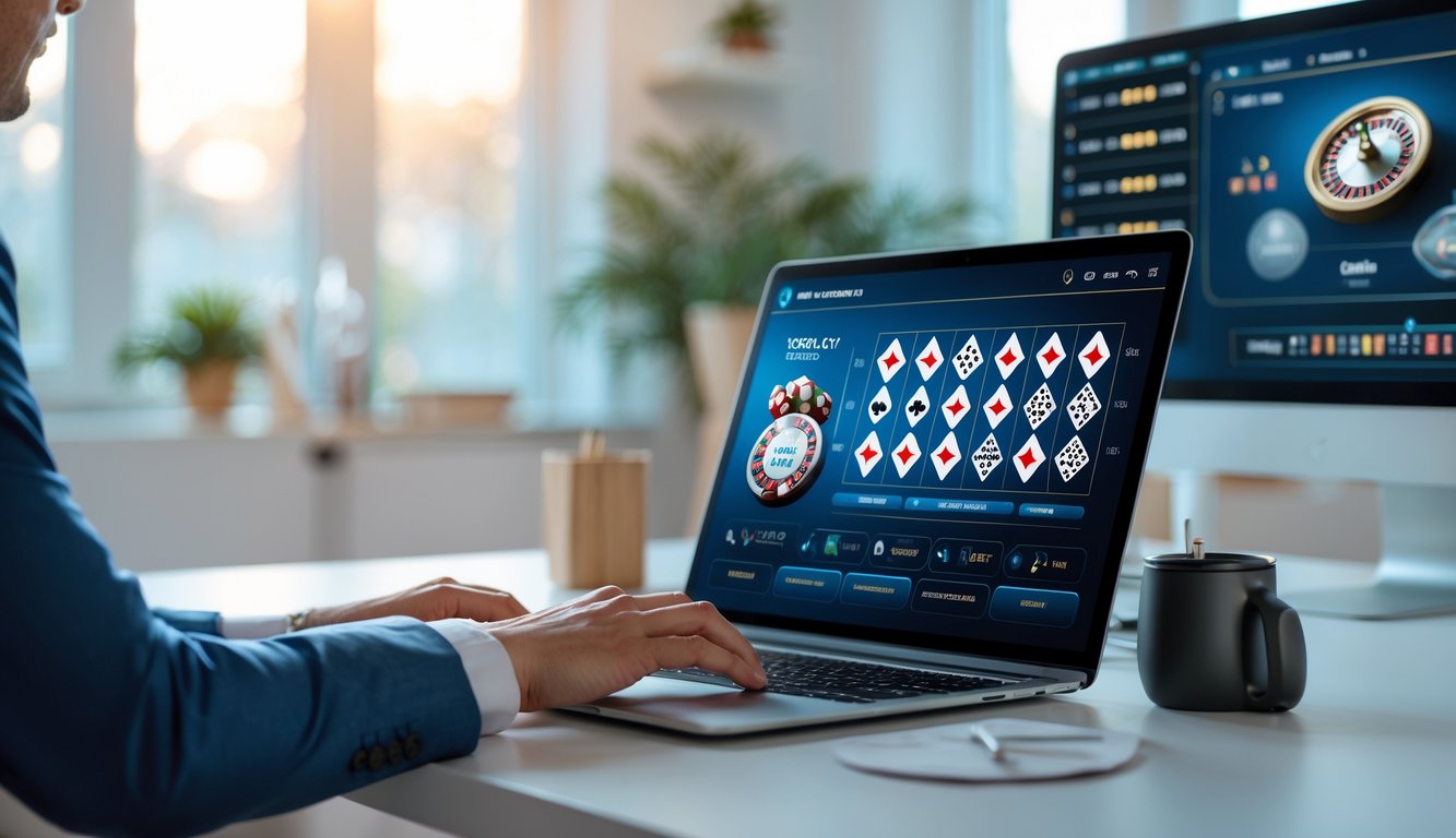 Seseorang yang percaya diri menggunakan laptop di ruang kerja modern dengan tampilan permainan kasino langsung di layar.