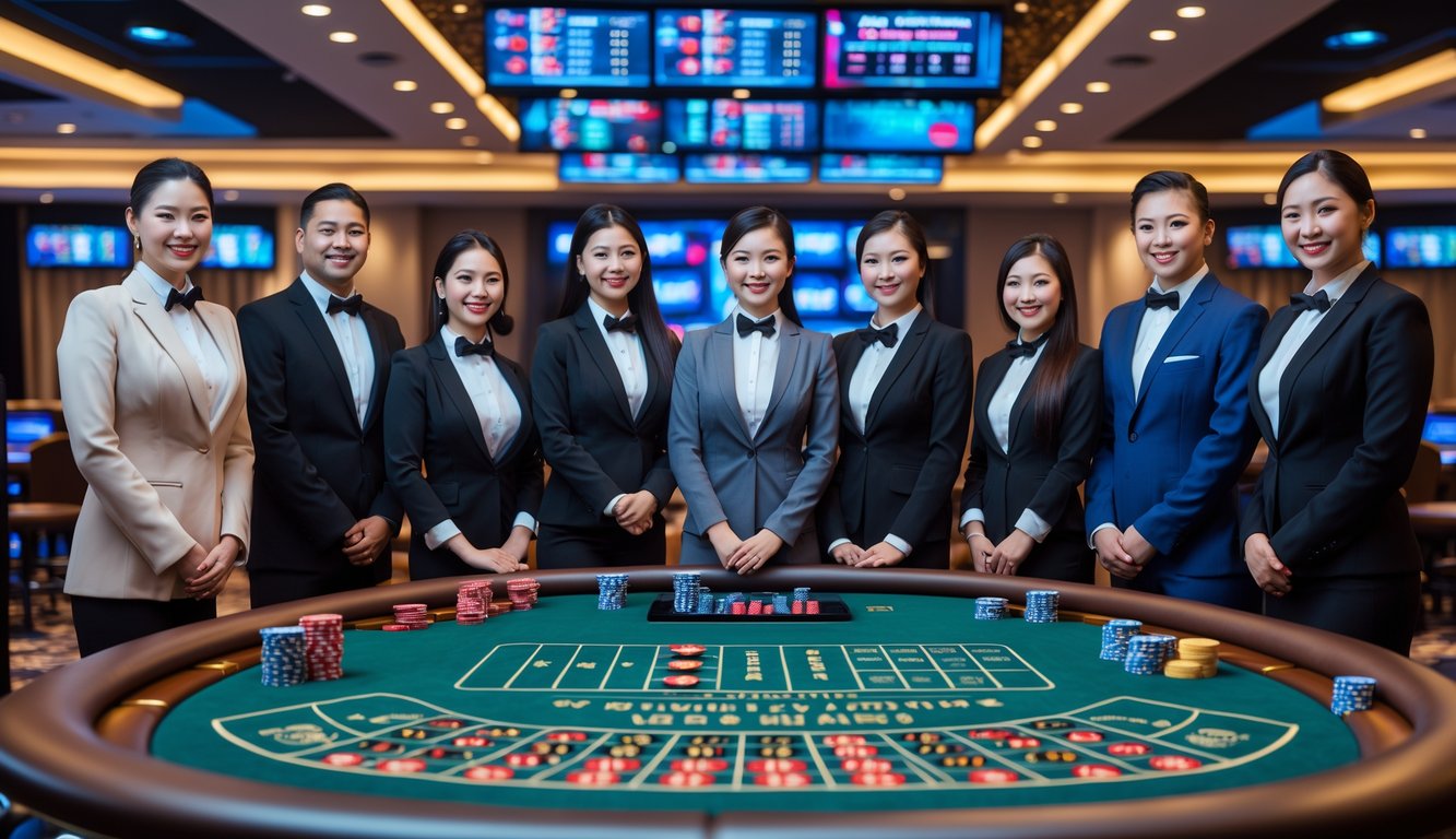 Seorang dealer profesional di meja kasino live dengan peralatan permainan, berada di dalam ruangan kasino modern dan terang.