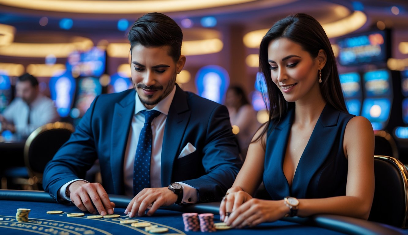 Seorang pria dan wanita duduk di meja kasino live dengan kartu dan chip, fokus bermain dalam suasana kasino mewah.