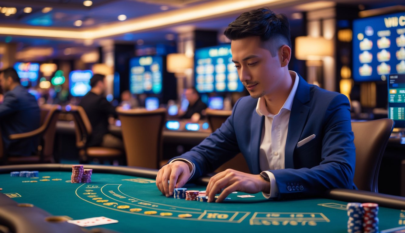 Seorang pemain yang tenang dan percaya diri duduk di meja kasino langsung yang modern, mengelola chip dan kartu dengan hati-hati di lingkungan kasino yang mewah dan terang.