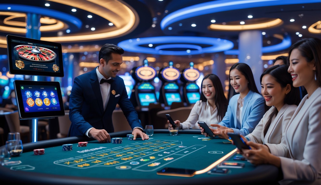 Suasana kasino langsung modern dengan dealer dan pemain yang menggunakan perangkat digital untuk bermain dan melakukan transaksi cepat.