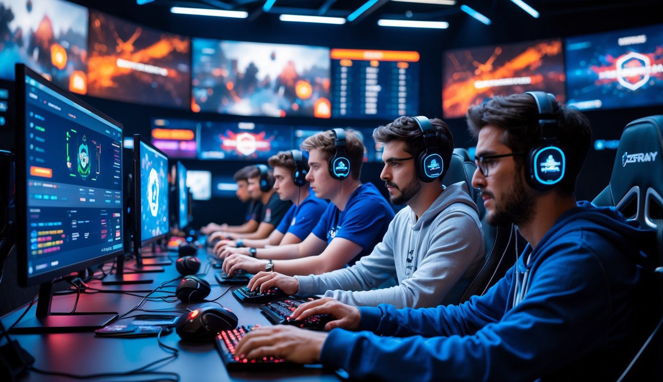 Sekelompok orang muda sedang bermain game esports kompetitif di ruang gaming modern dengan layar besar dan peralatan canggih.