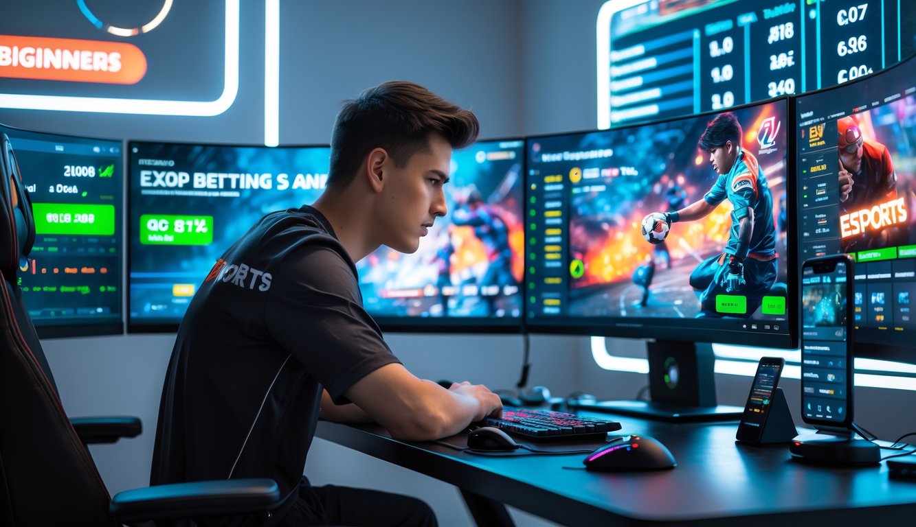 Seorang pemuda duduk di depan beberapa monitor besar yang menampilkan permainan esports dan peluang taruhan, dengan ponsel di sampingnya di meja modern.