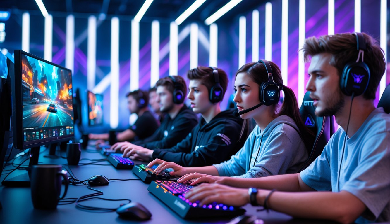 Sekelompok orang muda bermain game esports dengan peralatan gaming modern di ruangan berlampu biru dan ungu.