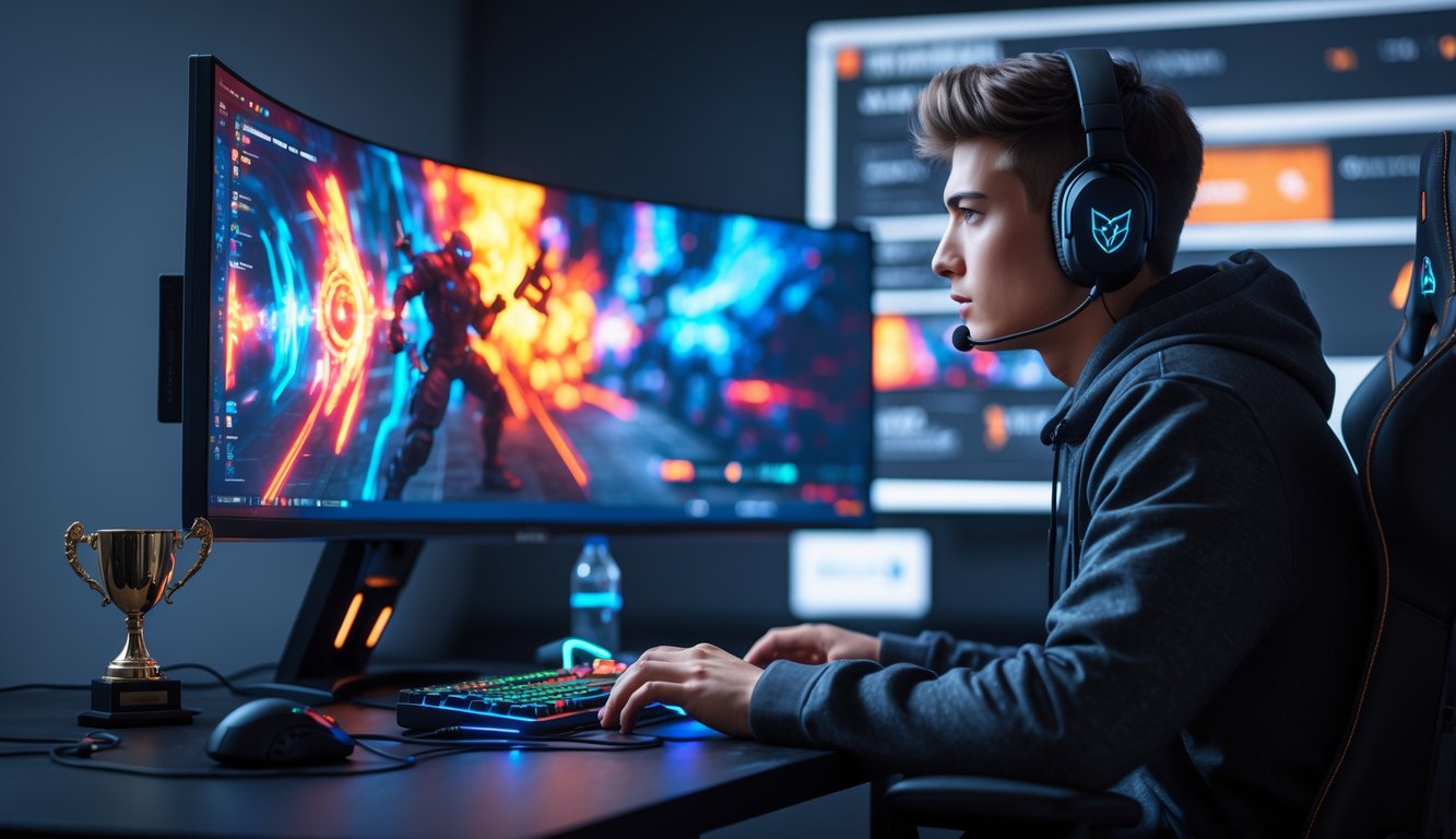 Seorang pria muda duduk di depan komputer dengan layar besar yang menampilkan permainan esports, terlihat fokus dan serius di ruangan gaming modern.