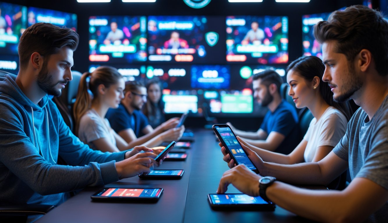 Beberapa orang muda sedang menggunakan perangkat digital untuk bertaruh pada turnamen esports di ruang permainan modern yang aman dan terpercaya.