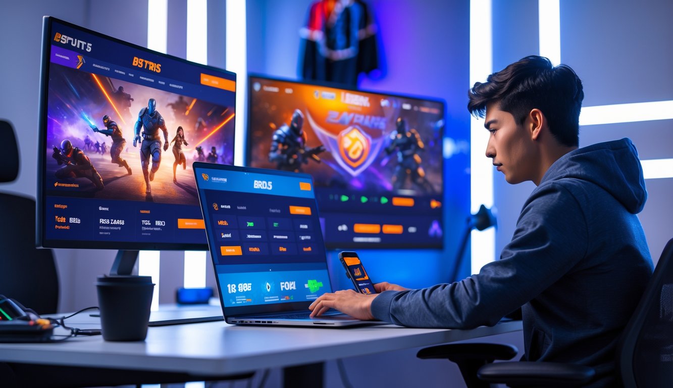 Seorang dewasa muda duduk di meja kerja dengan beberapa monitor menampilkan permainan esports dan antarmuka taruhan, menggunakan laptop dan ponsel dengan latar belakang dekorasi esports.
