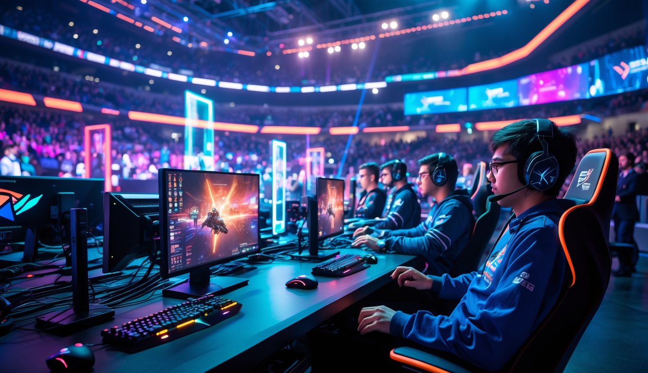 Suasana turnamen esports dengan pemain fokus bermain di depan komputer dan penonton antusias di arena besar.