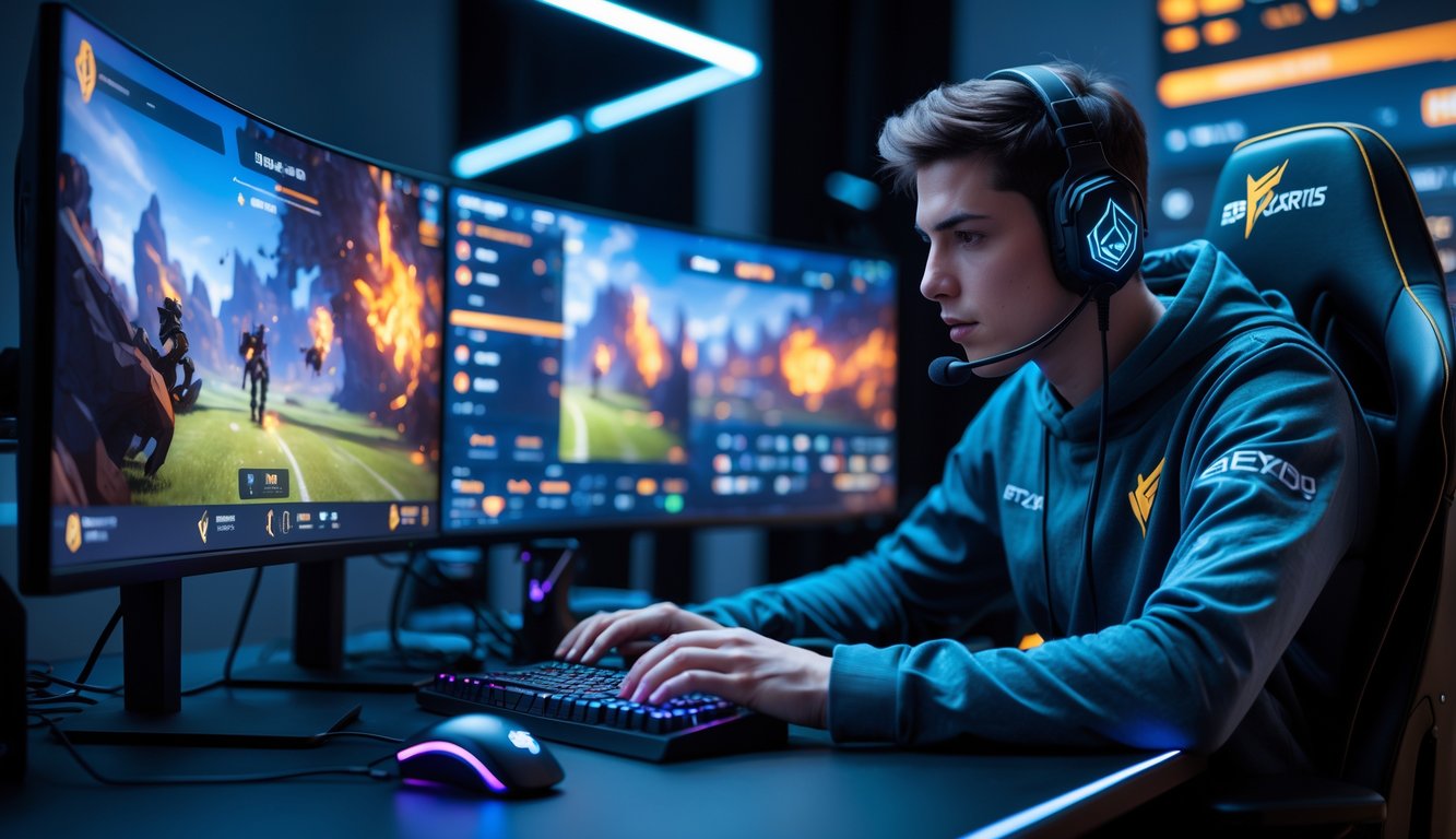 Seorang pemain esports fokus bermain di depan beberapa monitor dengan perlengkapan gaming di ruangan modern.