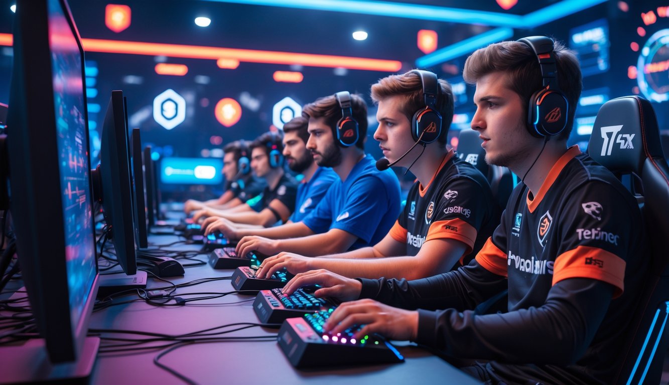 Sekelompok orang muda sedang bermain game esports di arena modern dengan komputer dan layar canggih, suasana profesional dan teknologi tinggi.