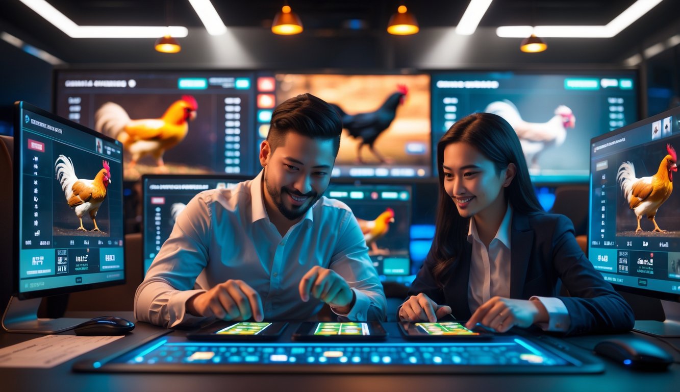Seorang pria dan wanita sedang menggunakan komputer di ruang permainan modern dengan layar menampilkan pertandingan sabung ayam dan grafik peluang menang.