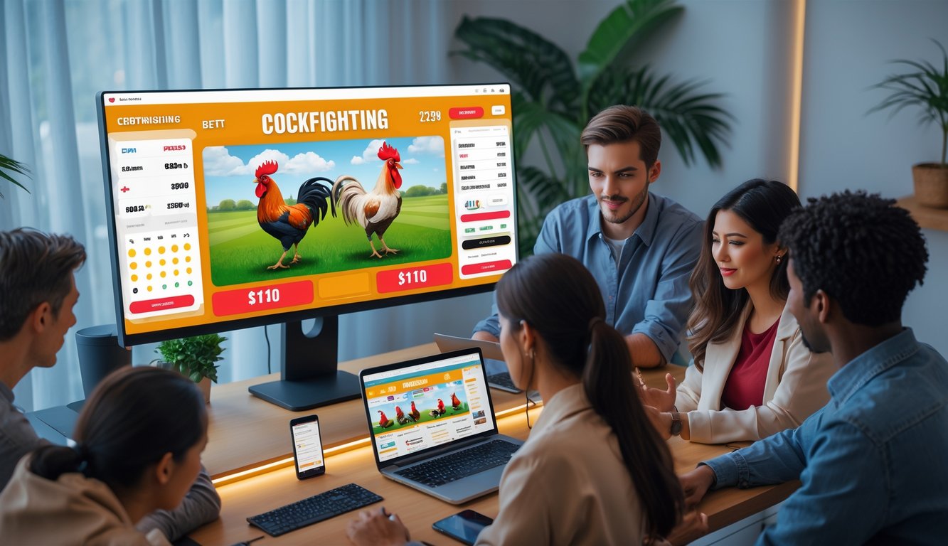 Beberapa orang muda berkumpul di sebuah meja dengan komputer dan ponsel, tampak fokus belajar menggunakan situs judi sabung ayam secara online di lingkungan rumah yang nyaman.