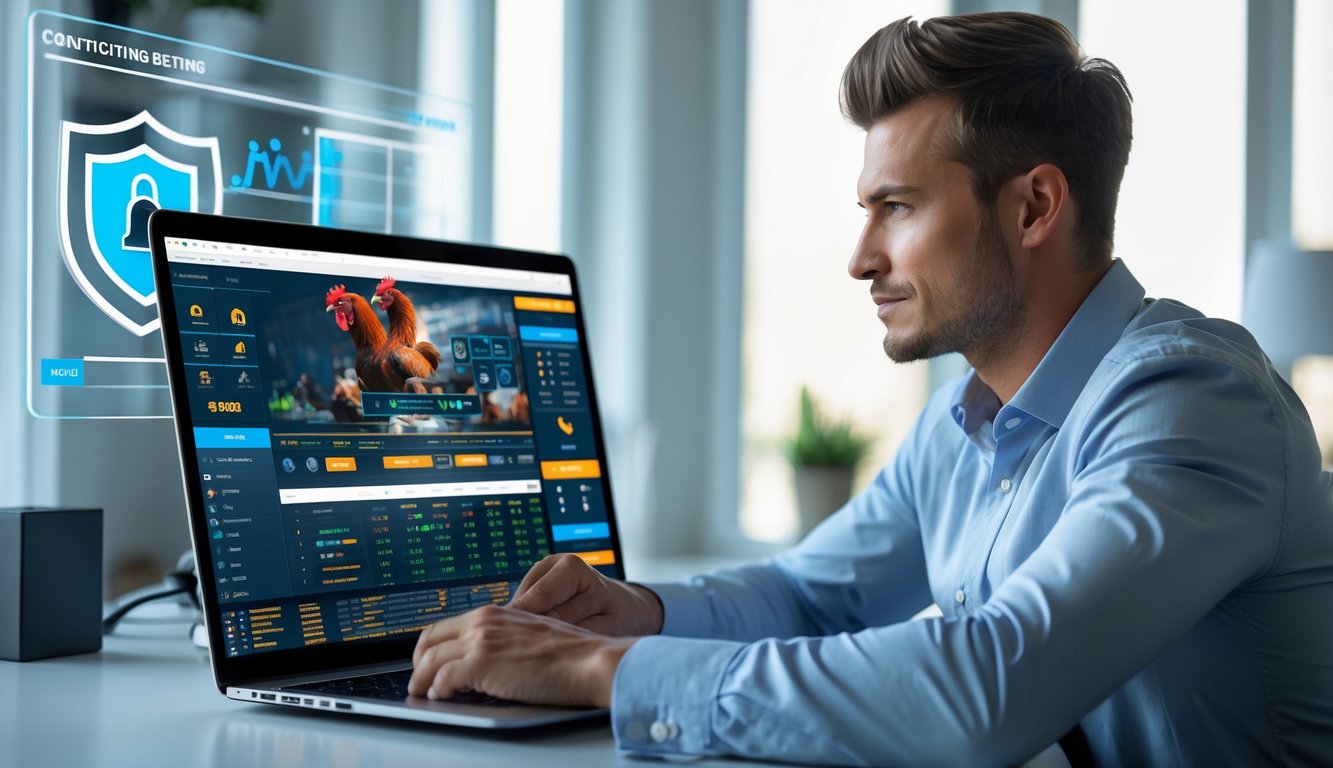 Seorang pria duduk di depan laptop di ruang kerja modern, fokus melihat layar dengan tampilan platform taruhan sabung ayam online.