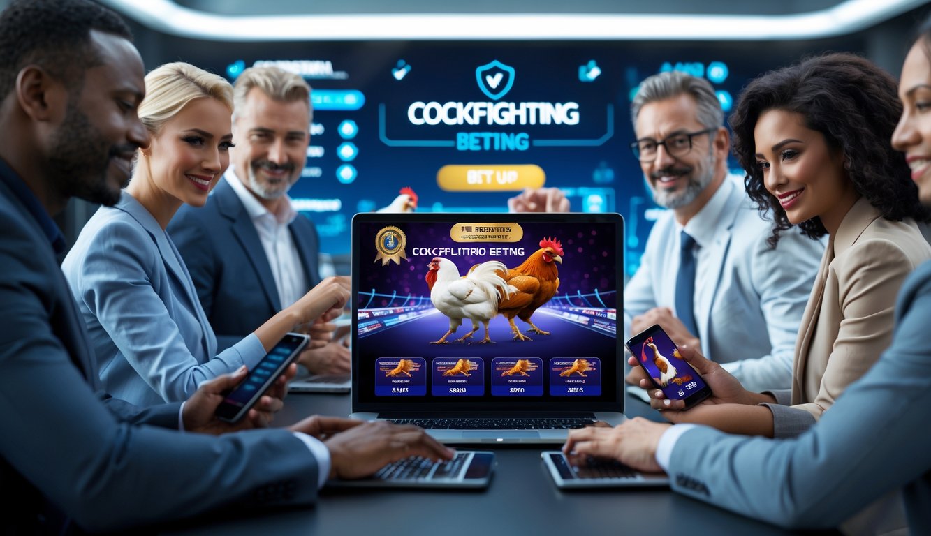 Sekelompok orang dewasa menggunakan perangkat digital untuk bertaruh sabung ayam secara online dalam suasana yang aman dan terpercaya.