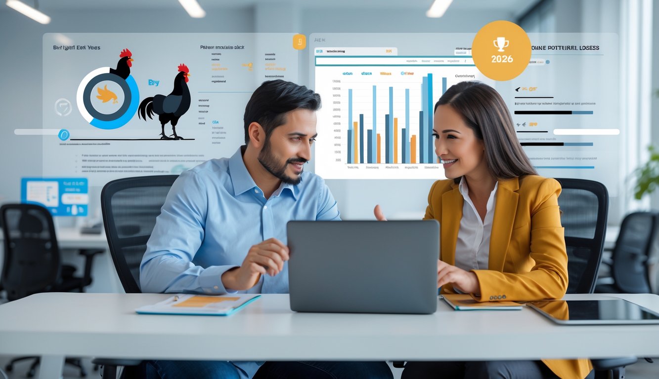 Seorang pria dan wanita sedang berdiskusi serius di meja kantor dengan layar laptop dan tablet di depan mereka.