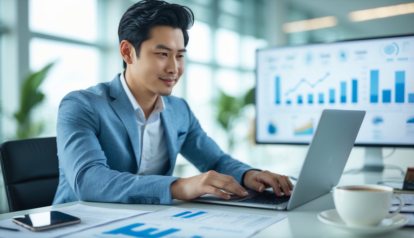 Seorang pria Asia duduk di meja kantor modern, sedang meninjau dokumen dan menggunakan laptop dengan serius.