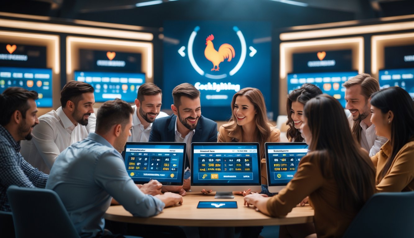 Orang-orang sedang bertaruh di lingkungan modern dengan layar digital dan suasana yang ramai.