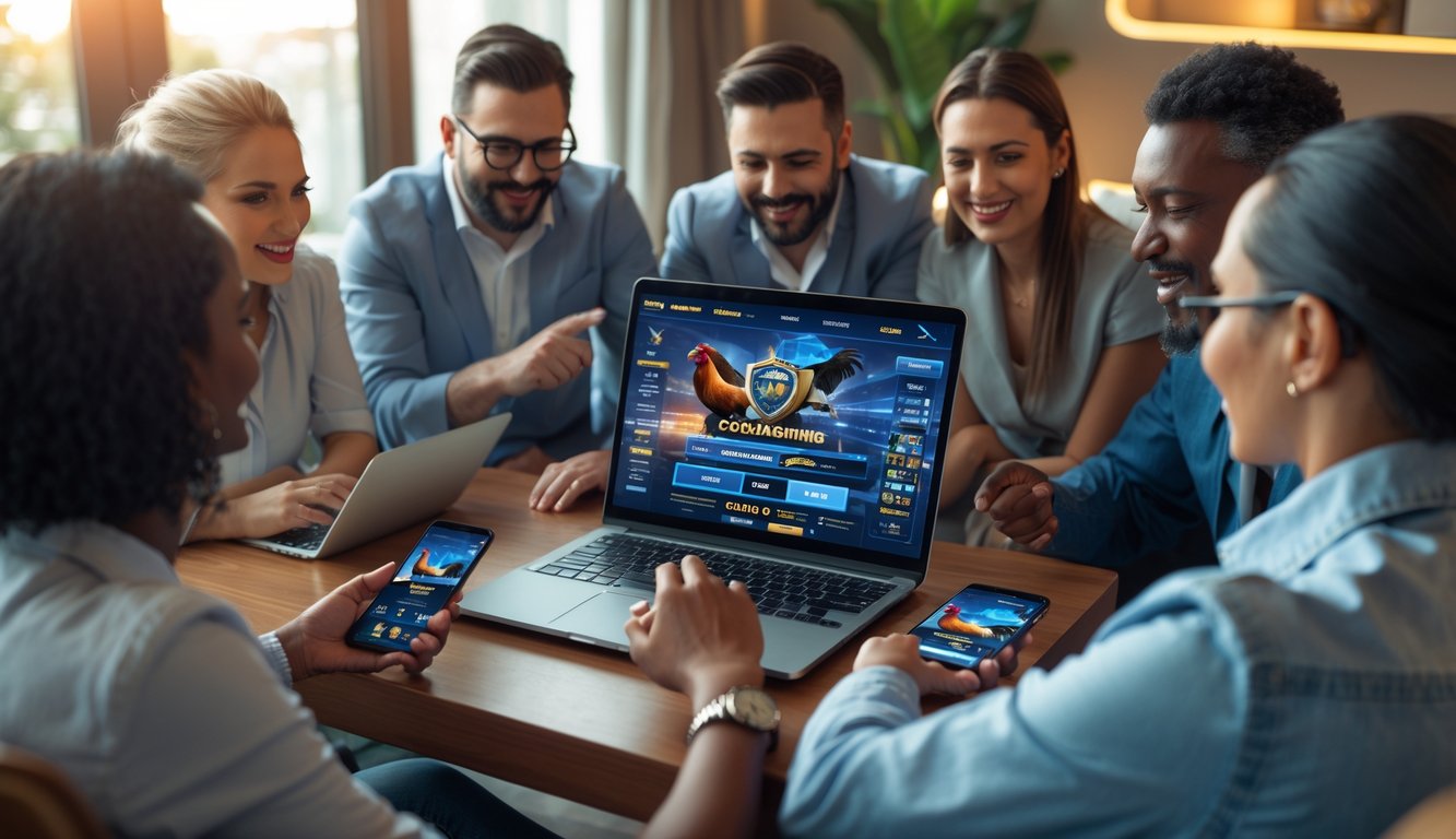 Sekelompok orang dewasa sedang berkumpul di ruang tamu modern, fokus pada laptop dan ponsel yang menampilkan permainan sabung ayam digital.