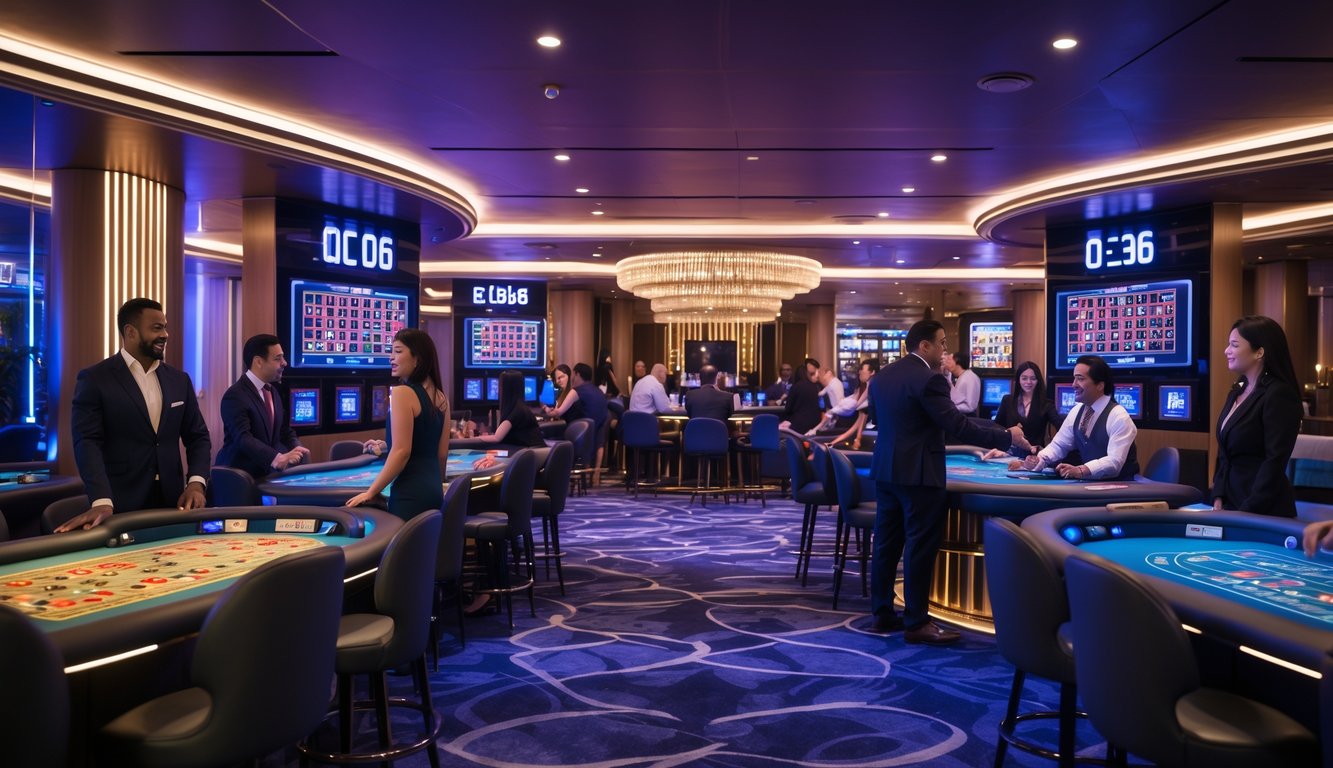Suasana kasino langsung yang modern dengan dealer dan pemain yang sedang bermain di meja permainan, menampilkan interior mewah dan pencahayaan yang hidup.
