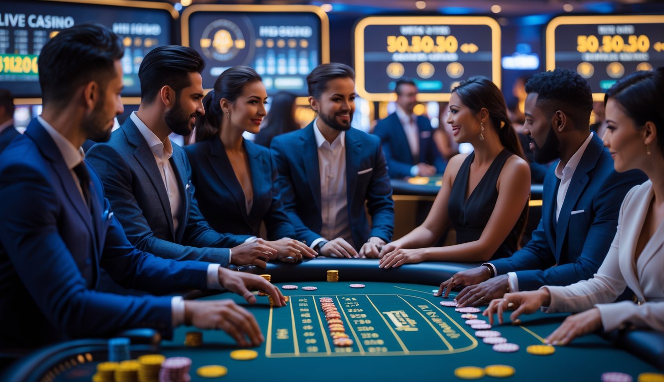 Beberapa pemain dan dealer di meja kasino langsung dengan suasana kasino modern yang terang dan profesional.
