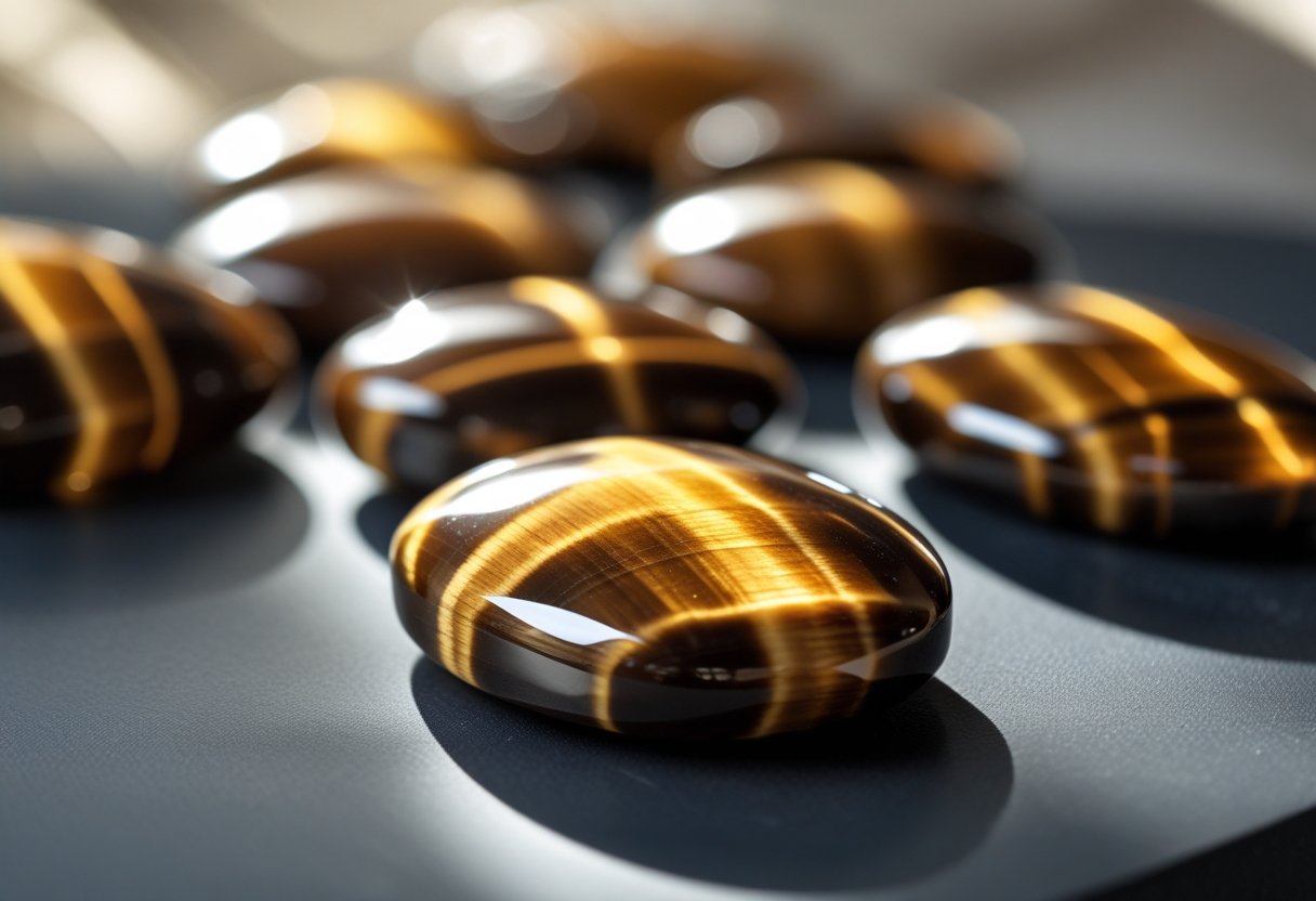 Nahaufnahme von polierten Tigerauge-Edelsteinen mit goldbraunen und honigfarbenen Streifen auf dunklem Untergrund.