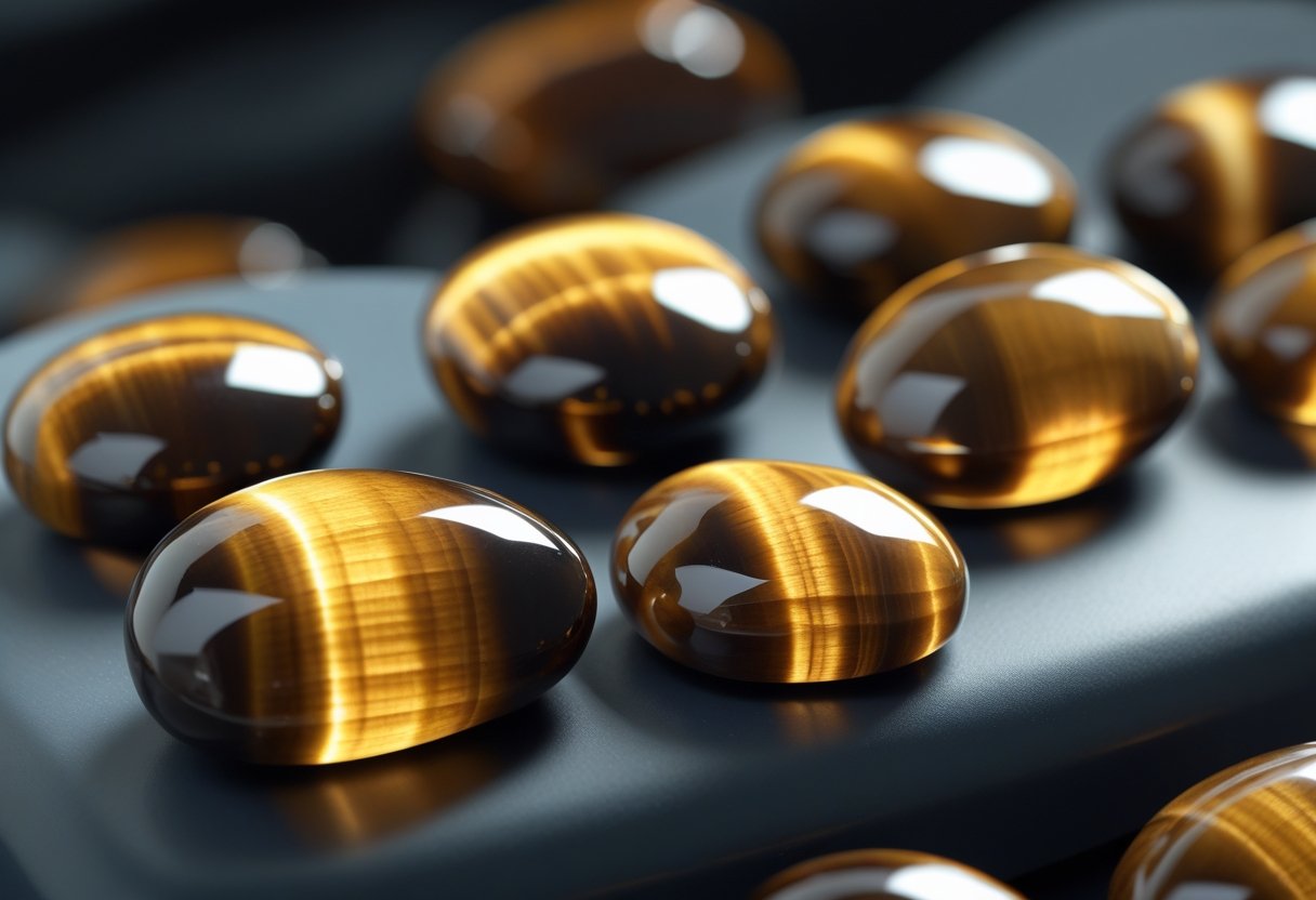 Nahaufnahme von polierten Tigerauge-Steinen auf einer dunklen Oberfläche.