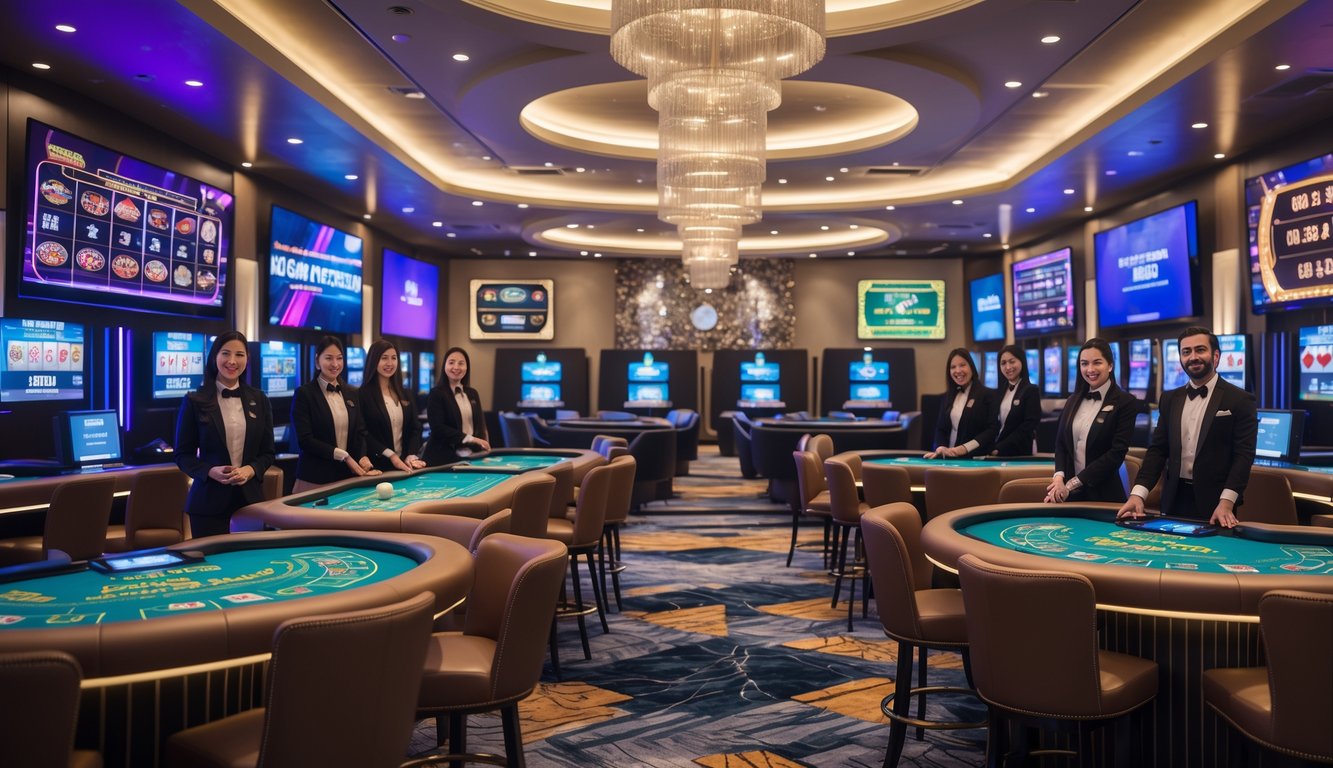 Suasana kasino langsung yang modern dengan meja permainan dan dealer profesional sedang melayani pemain.
