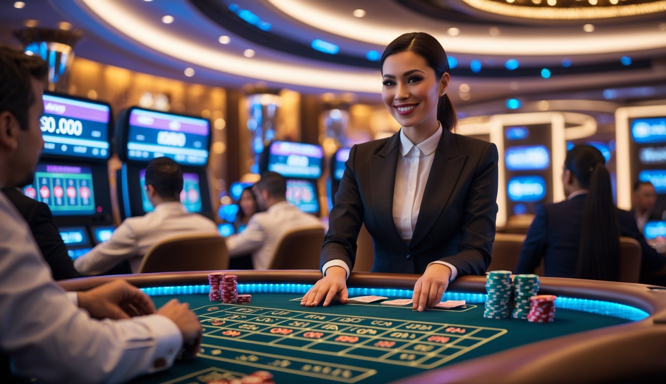 Seorang dealer wanita profesional di meja kasino dengan kartu dan chip, dikelilingi oleh layar digital dan pencahayaan modern, menciptakan suasana kasino langsung yang menarik.